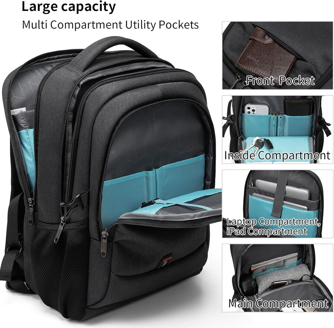 Functionele schooltas, waterdicht, met laptopvak, USB-poort en ruimte voor boeken.