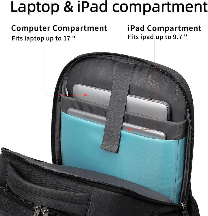 Waterdichte laptoprugzak met RFID-bescherming, USB-poort en slimme organisatie.