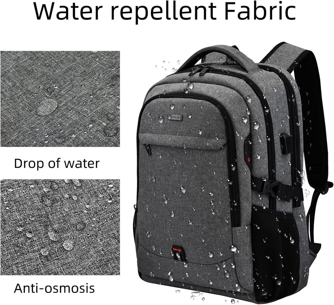 Grote waterdichte reisrugzak voor lange trips, met laptopvak en USB-oplaadmogelijkheid.