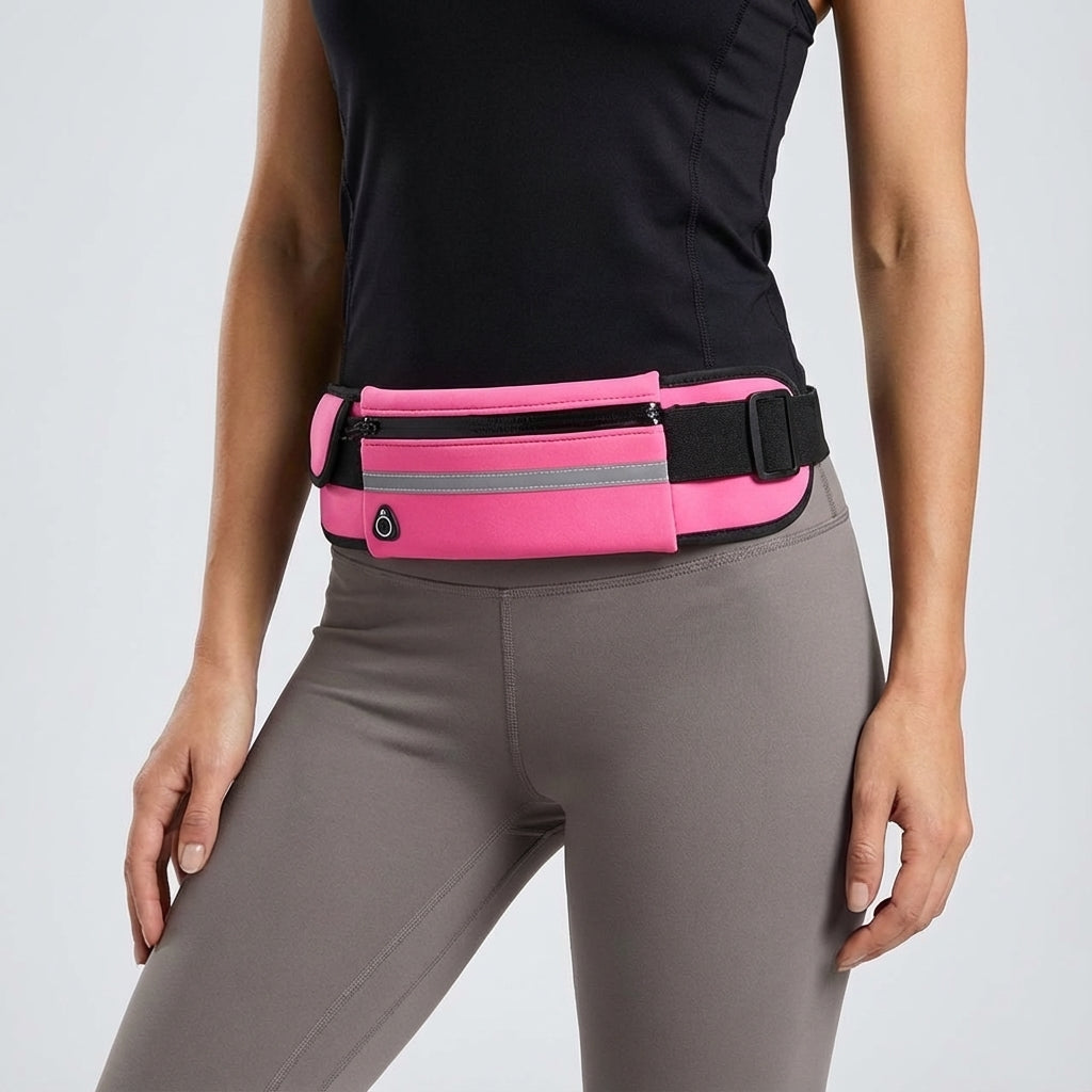 Sporter rent met de compacte waterdichte RunBelt heuptas, genietend van handsfree gemak en opslag.