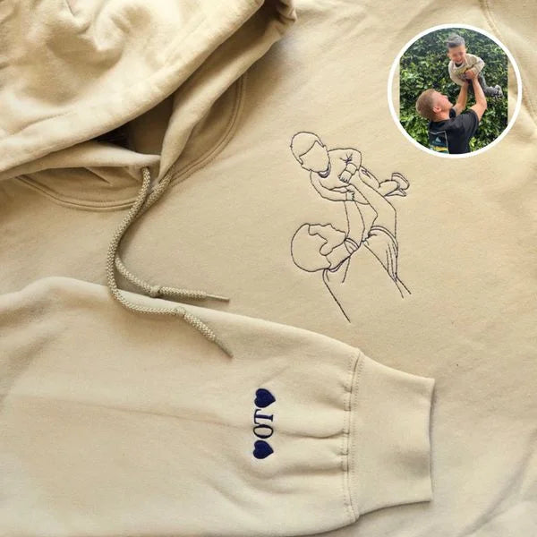 Comfortabele unisex hoodie met unieke geborduurde foto, perfecte persoonlijke herinnering of cadeau.
