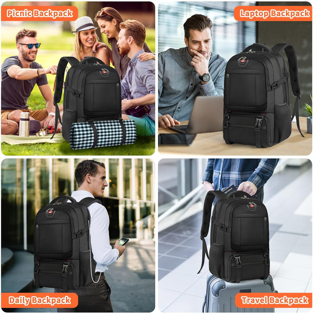 Waterbestendige XL rugzak voor laptop, school en reizen, met USB-poort en veilig lunchvak.
