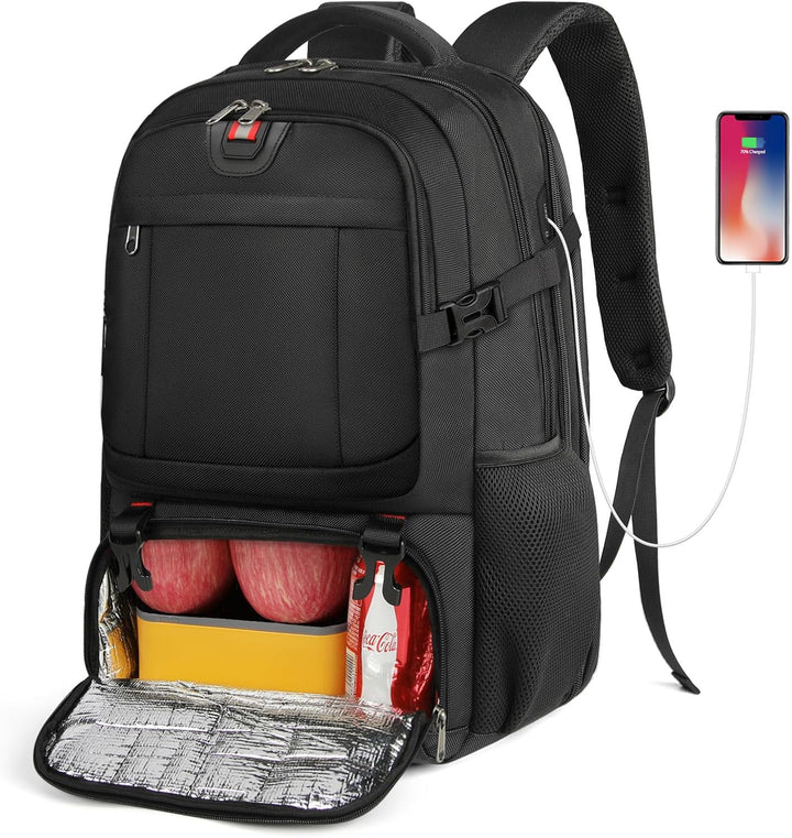 Georganiseerde dagrugzak XL met USB-poort, geïsoleerd lunchvak, laptopbescherming voor pendelaars.
