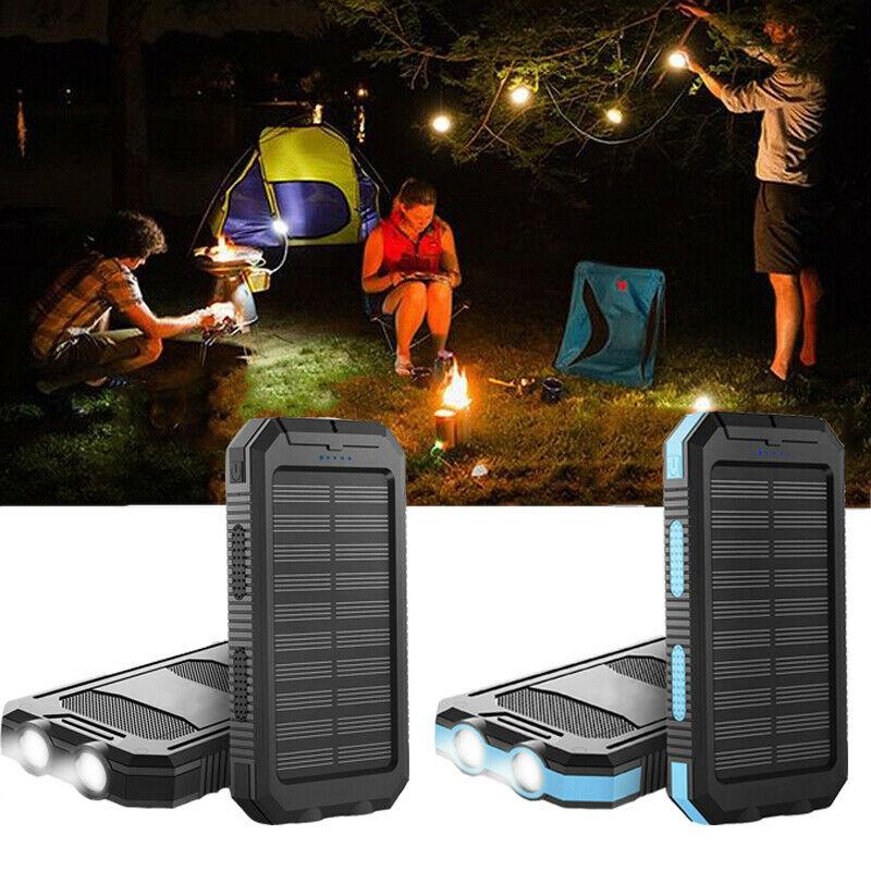 Opladende 20000mAh zonne-powerbank met indicatorlampjes. Waterdichte draagbare noodstroom voor buiten.