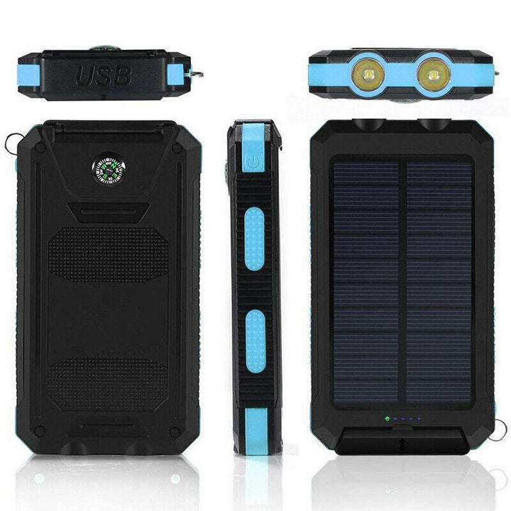 Universele zonne-powerbank 20000mAh laadt telefoon op. Waterdichte externe USB-oplader voor onderweg.