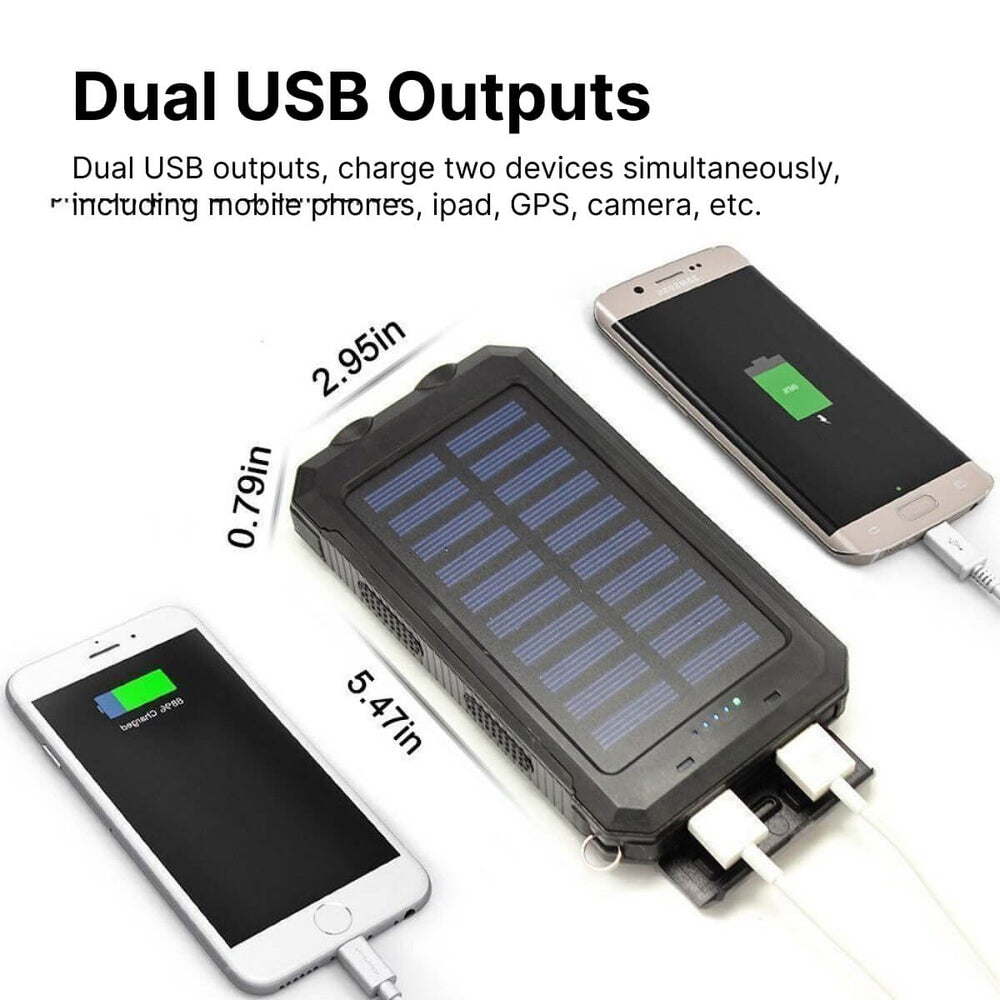 Zonne-powerbank 20000mAh laadt op in zonlicht. Ideaal voor kamperen en buitenleven. Waterdichte externe oplader.