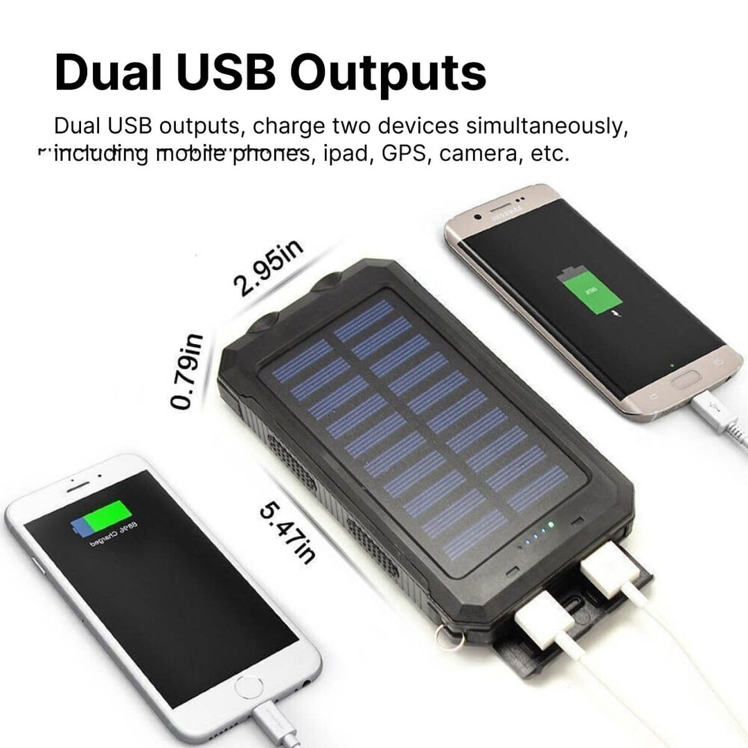 Zonne-powerbank 20000mAh laadt op in zonlicht. Ideaal voor kamperen en buitenleven. Waterdichte externe oplader.