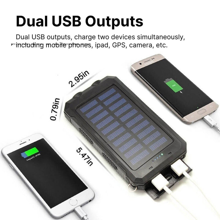 Zonne-powerbank 20000mAh laadt op in zonlicht. Ideaal voor kamperen en buitenleven. Waterdichte externe oplader.
