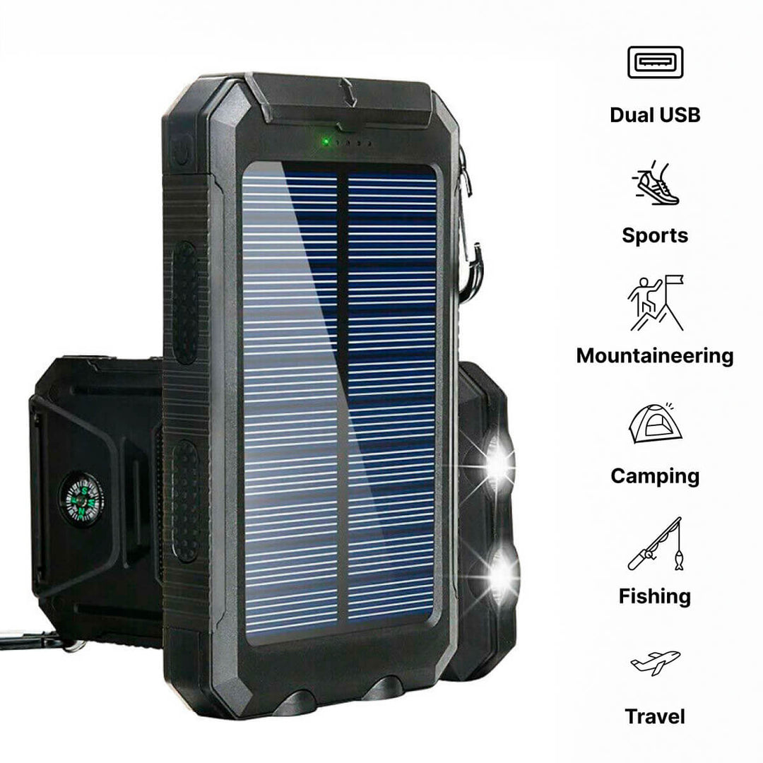 Robuuste waterdichte zonne-powerbank 20000mAh. Perfect voor kamperen, wandelen en buitenavonturen. Noodstroom.