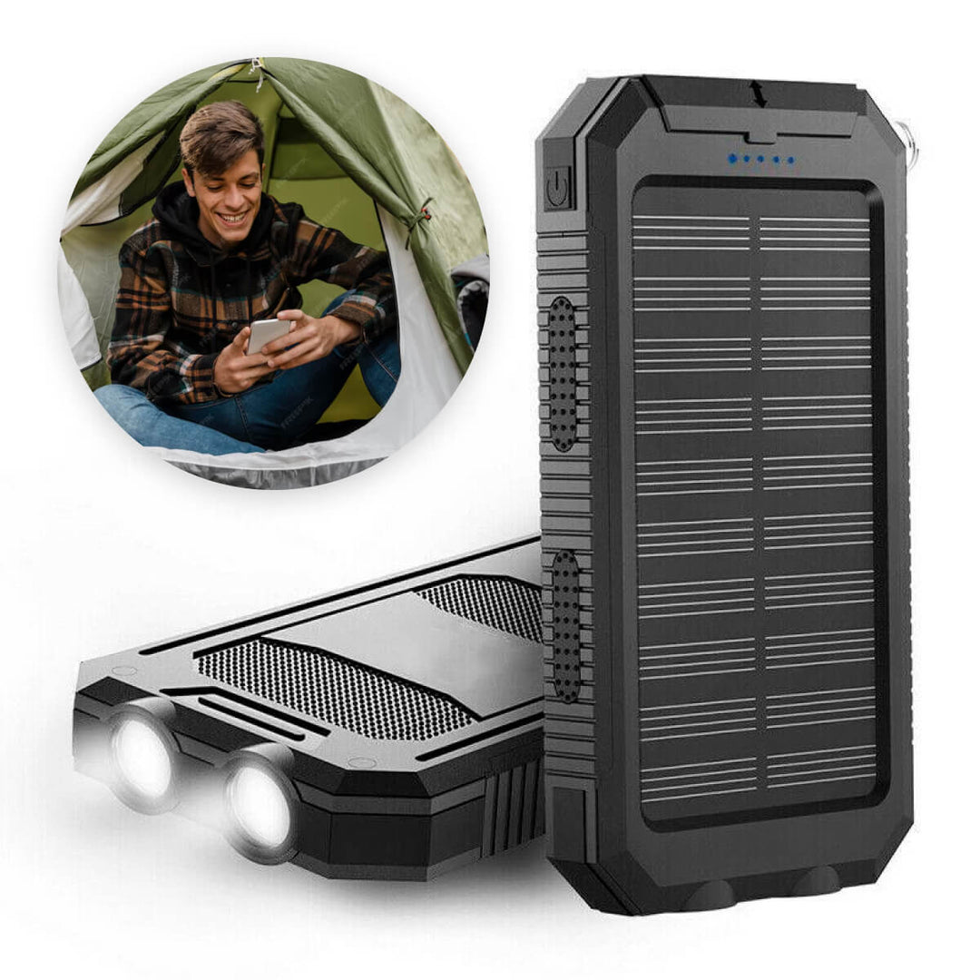 Grote capaciteit 20000mAh zonne-powerbank. Waterdichte draagbare externe oplader voor mobiele apparaten.