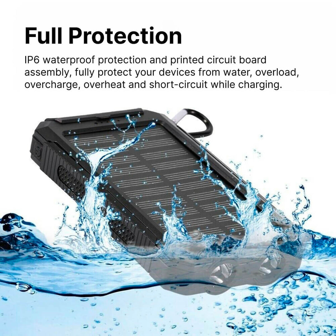 Universele zonne-powerbank met USB-poorten. 20000mAh waterdichte oplader voor diverse mobiele accessoires.