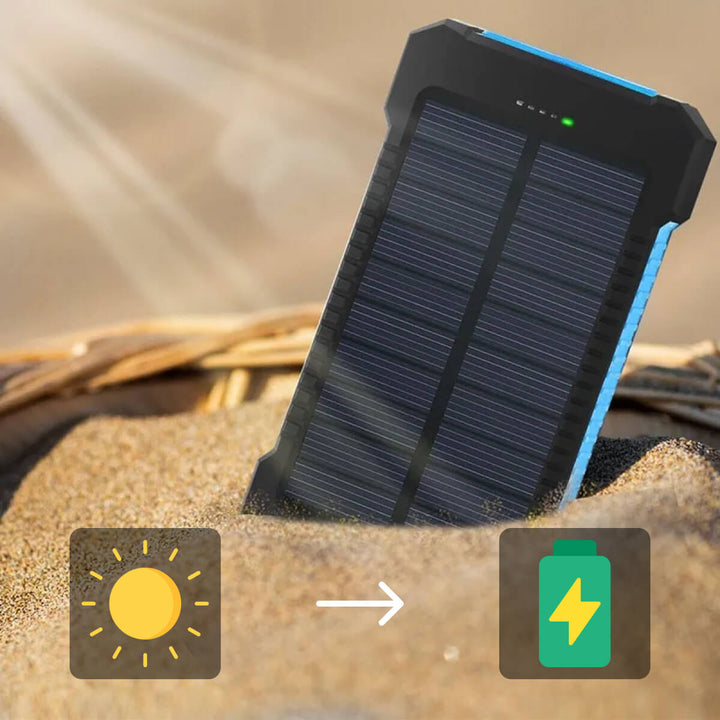 Compacte 20000mAh zonne-powerbank, essentieel voor reizen. Waterdichte draagbare oplader voor onderweg.