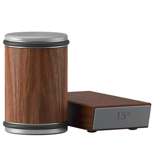 Universele messenslijper, zwart met houten accenten, voor scherpe keukenmessen en kookgerei.