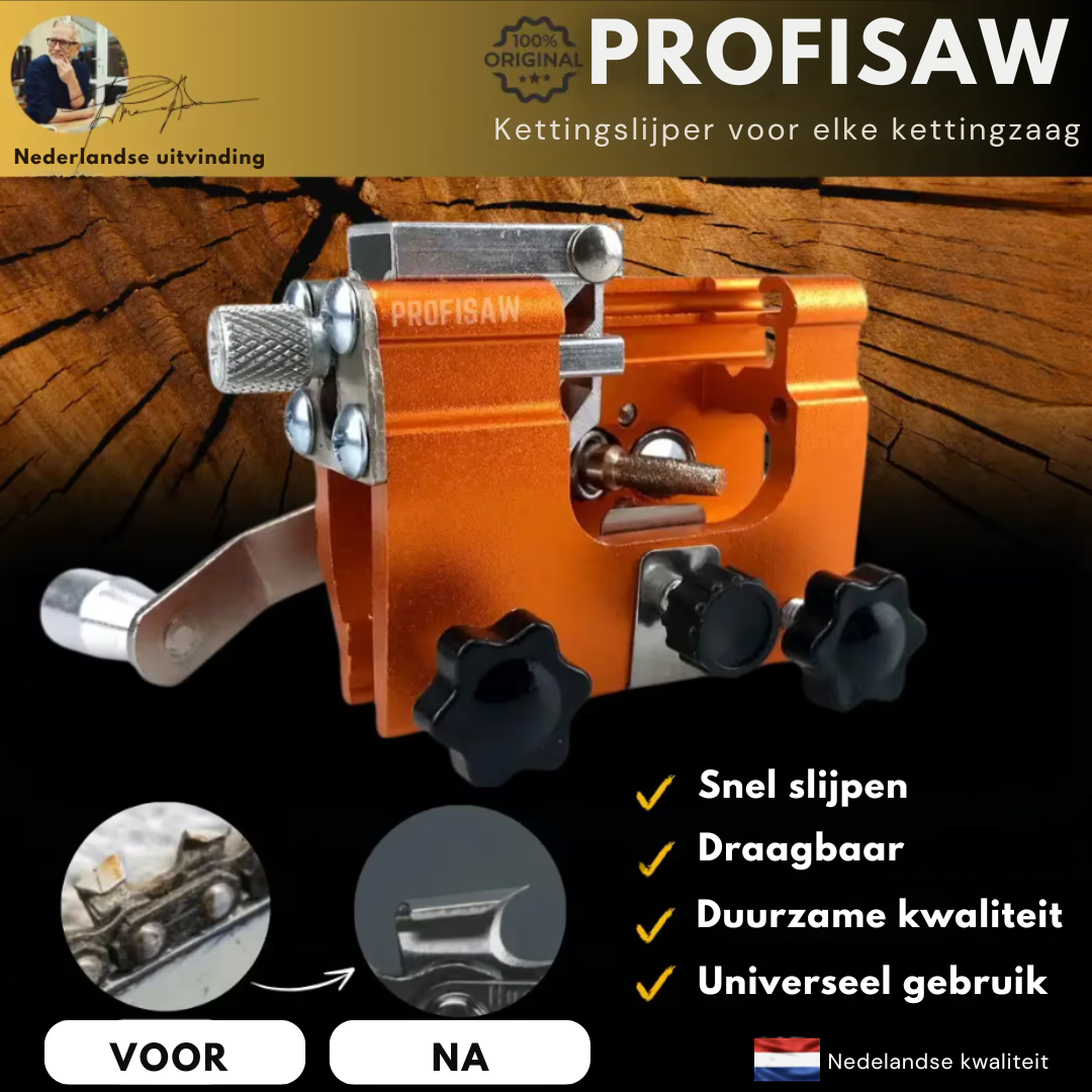 Universele ProfiSaw kettingslijper, scherp gereedschap voor elke kettingzaag. Perfect voor doe-het-zelf onderhoud.