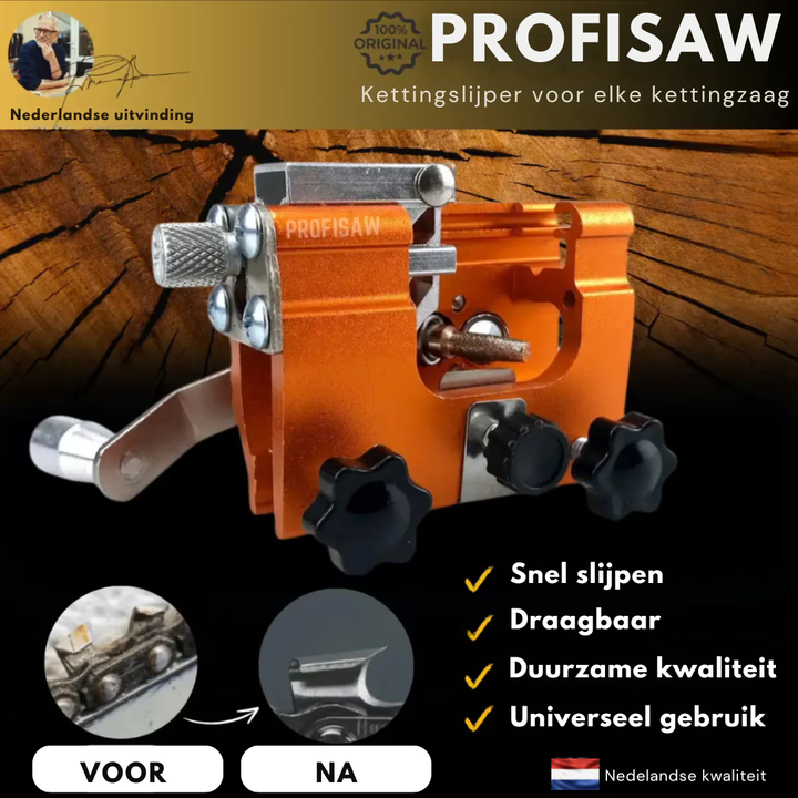 Universele ProfiSaw kettingslijper, scherp gereedschap voor elke kettingzaag. Perfect voor doe-het-zelf onderhoud.