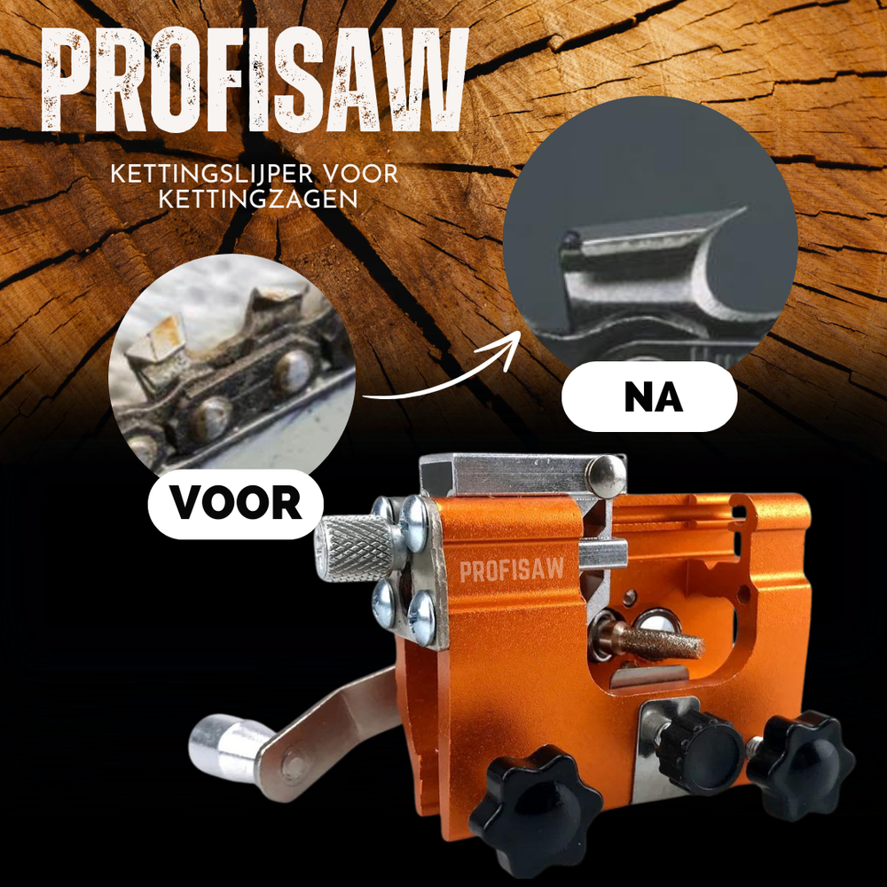 Detail van ProfiSaw kettingslijper in actie, slijpt kettingzaagketting vlijmscherp voor efficiënt tuinieren/bosbouw.