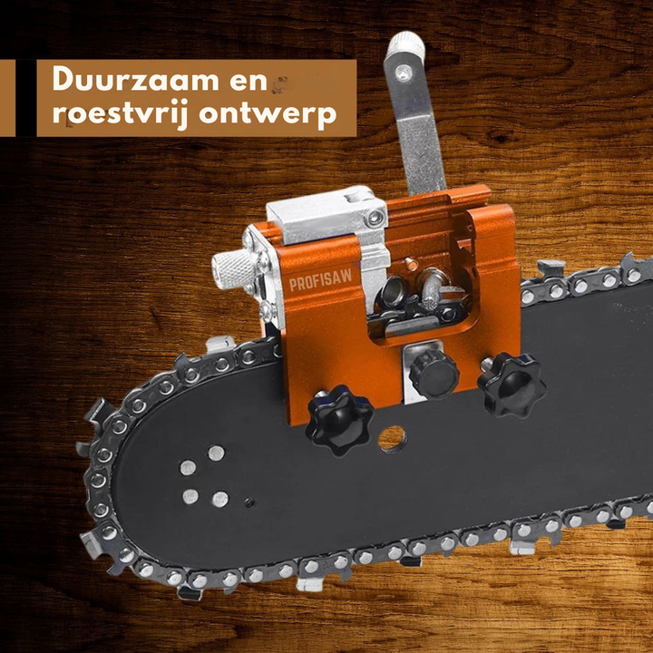 Complete ProfiSaw kettingslijper set met toebehoren, klaar voor nauwkeurig onderhoud van uw kettingzaag.
