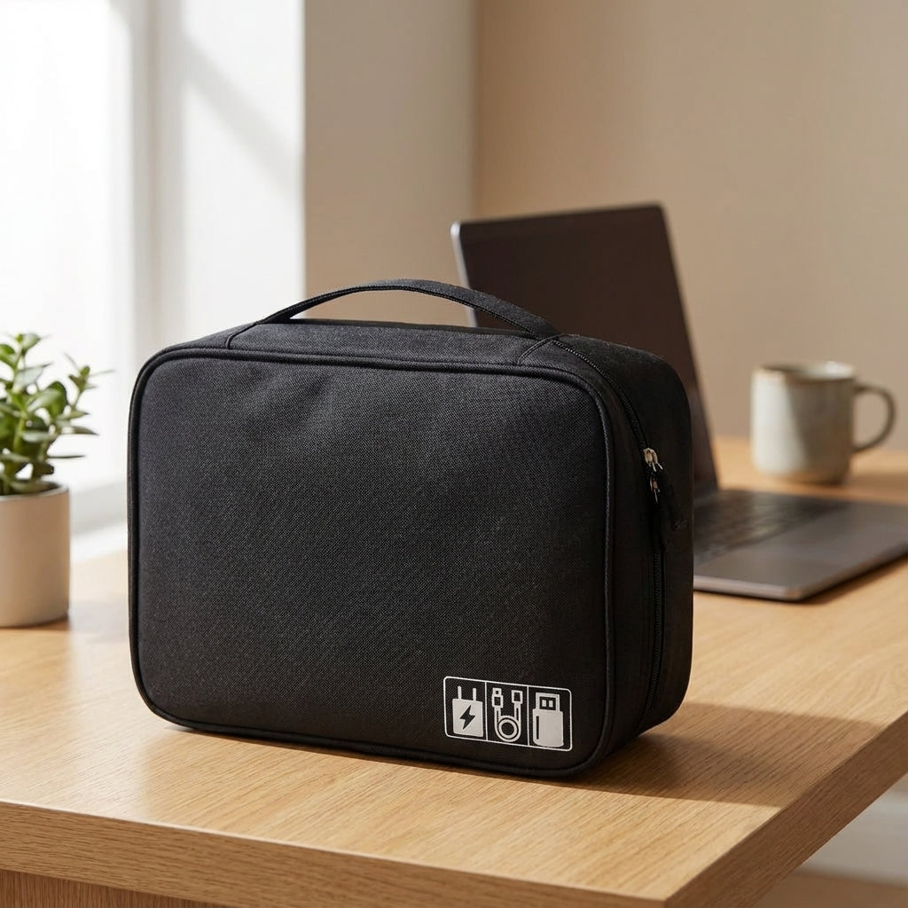 Universele reis gadget organizer TechTidy, met meerdere vakken voor kabels, opladers en elektronica.