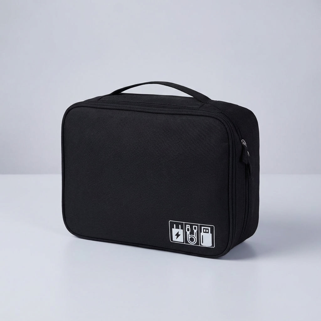 Compacte draagbare TechTidy reisorganizer, perfect voor het netjes opbergen van gadgets, kabels en accessoires.