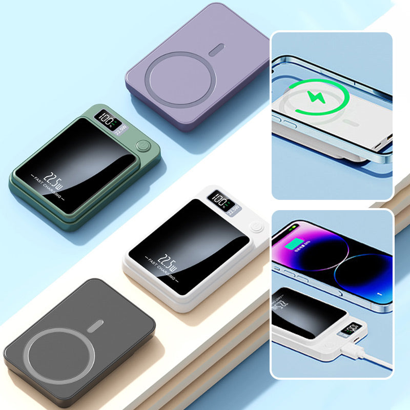 Universele powerbank, draadloos en snelladen via USB-C. Ultra-dun ontwerp voor dagelijks gebruik van mobiele apparaten.
