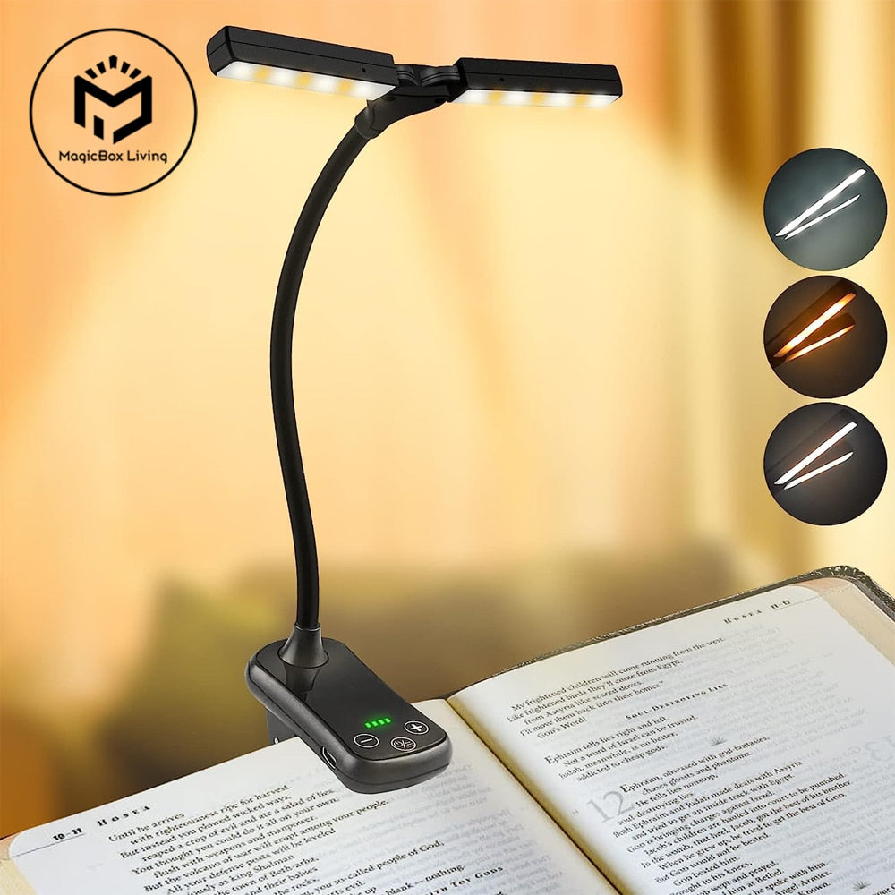 USB-oplaadbaar clip-on LED boeklampje met verstelbare hals en warme lichtmodus, perfect voor nachtlezen