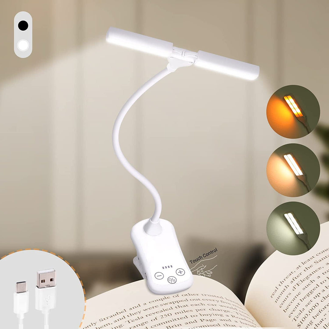 Draagbaar leeslampje met clip en USB-oplader, ideaal voor boeken en e-readers, compact en lichtgewicht