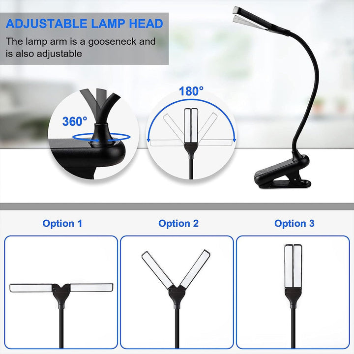 USB-oplaadbaar clip-on LED boeklampje in gebruik op een bureau, toont de verstelbare lichtstanden voor comfortabel lezen