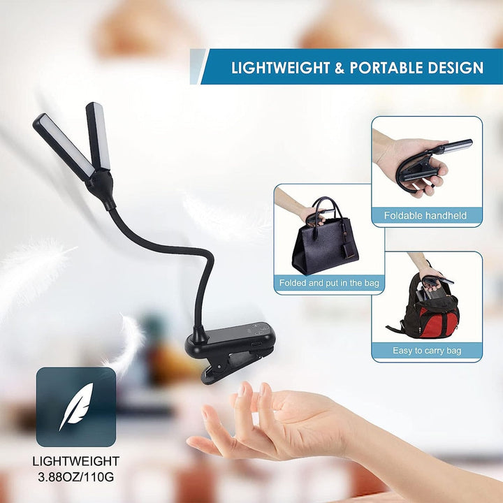 Flexibel clip-on boeklampje met drie lichtstanden, USB oplaadbaar, ideaal voor lezen, studeren en kamperen