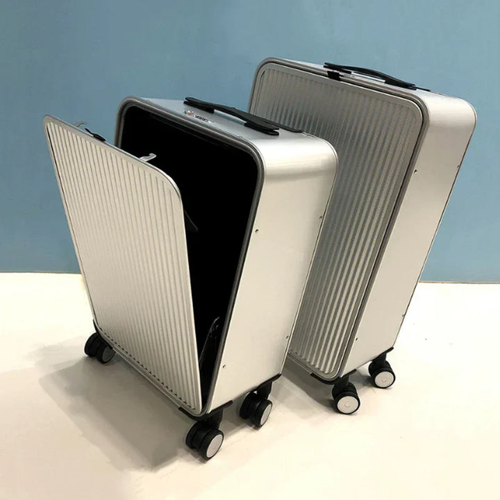 Open Valparaíso aluminium reiskoffer, ruime hardshell bagage met georganiseerde binnenkant voor luxe reizen.