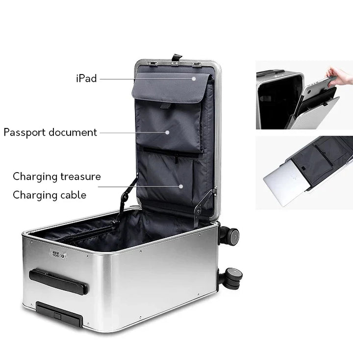 Valparaíso aluminium koffer, stijlvolle hardshell handbagage, klaar voor duurzaam reizen op het vliegveld.