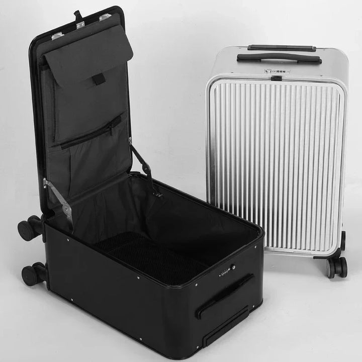 Glanzende Valparaíso aluminium reiskoffer, robuuste en luxe hardshell bagage die opvalt.