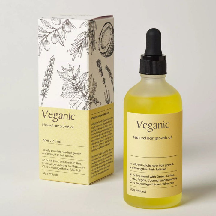 Veganic haargroei olie serum met natuurlijke ingrediënten voor voller en sterker haar. Flesje met pipet.