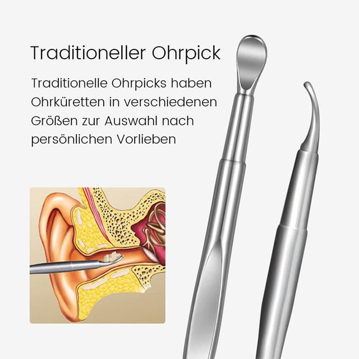 "Veilig EarGlide oorreiniger set met roestvrij staal, spiraal ontwerp en lepelborstel voor effectieve oorsmeer verwijdering."