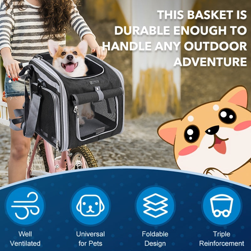 Veilige uitbreidbare fietsmand voor huisdieren met gaasvensters, geschikt voor honden en katten tot 8 kg.