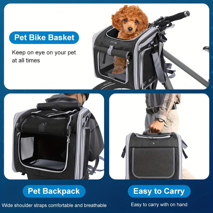 Veilige uitbreidbare fietsmand voor huisdieren met gaasvensters, geschikt voor honden en katten tot 8 kg.