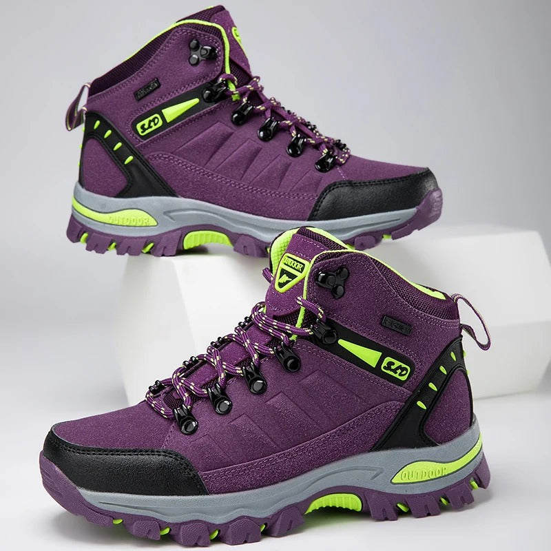 Veiligheidswerkschoenen voor dames, waterdicht en antislip, met versterkte enkelondersteuning en ronde teen, grijs.