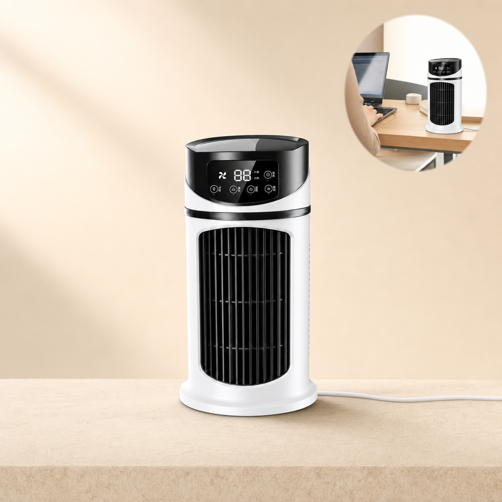 Compacte 3-in-1 USB luchtkoeler, ventilator en bevochtiger, ideaal voor verkoeling op elk bureau.