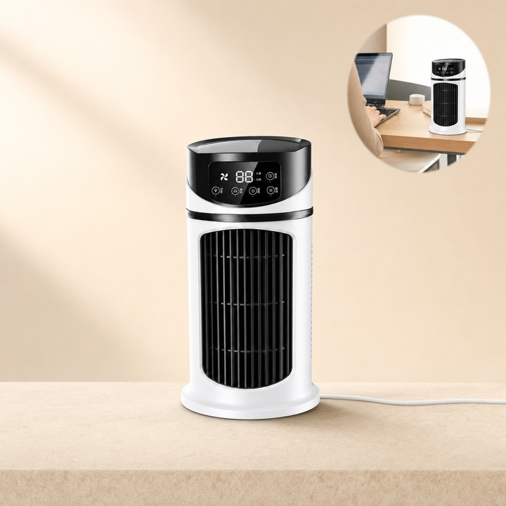 Compacte 3-in-1 USB luchtkoeler, ventilator en bevochtiger, ideaal voor verkoeling op elk bureau.