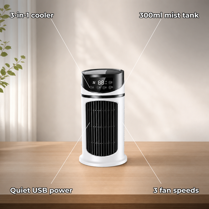Draagbare USB luchtkoeler/ventilator met bevochtiger; essentiële verkoeling voor elke werkplek of thuisgebruik.