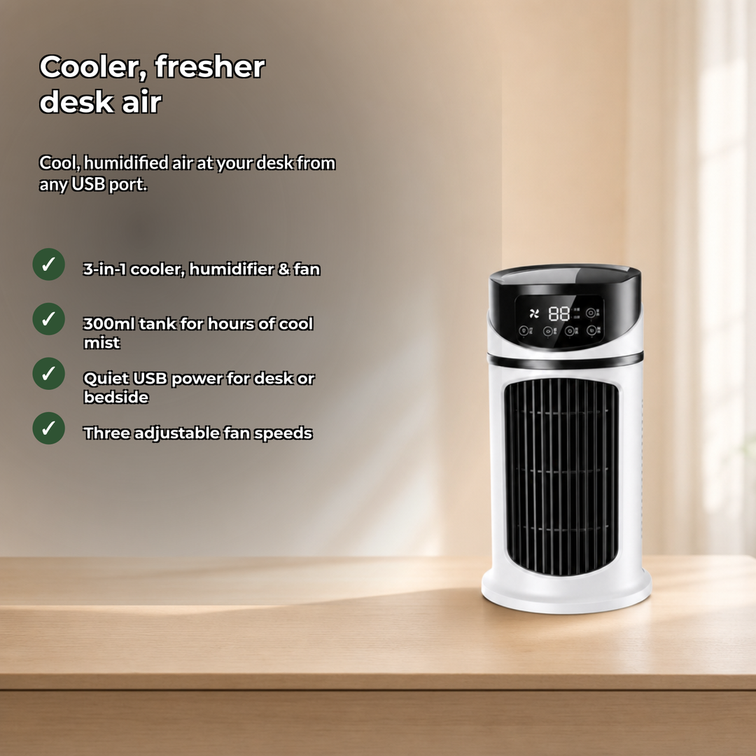 Efficiënte 3-in-1 Ventora bureauventilator/luchtkoeler met USB-voeding, perfect voor gerichte zomerverkoeling.