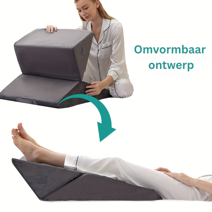 Thuiszorg bedkussen: verstelbaar wigkussen van traagschuim voor verhoogd comfort en effectieve rug- en beenondersteuning.