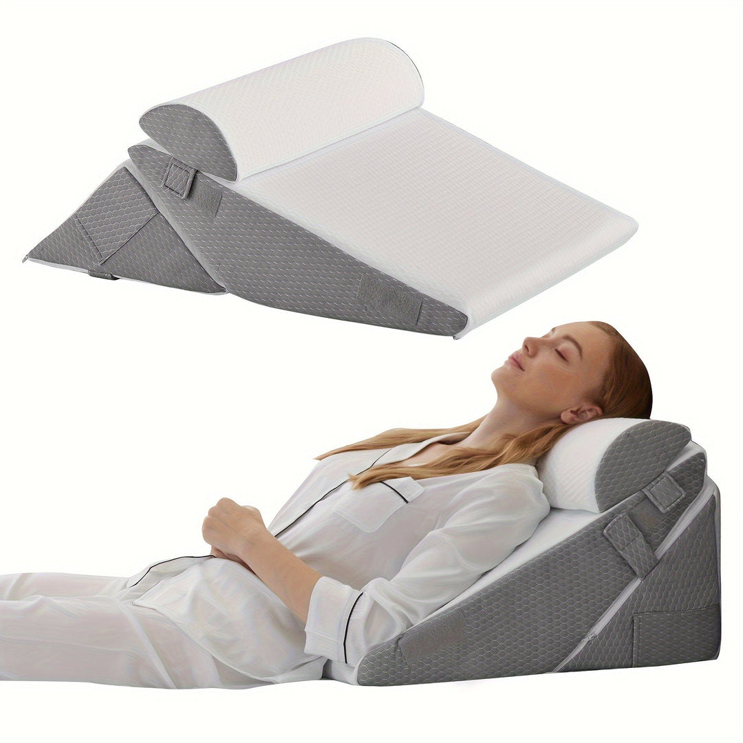 Traagschuim verstelbaar wigkussen, biedt orthopedische rug- en beenondersteuning voor optimaal slaapcomfort.
