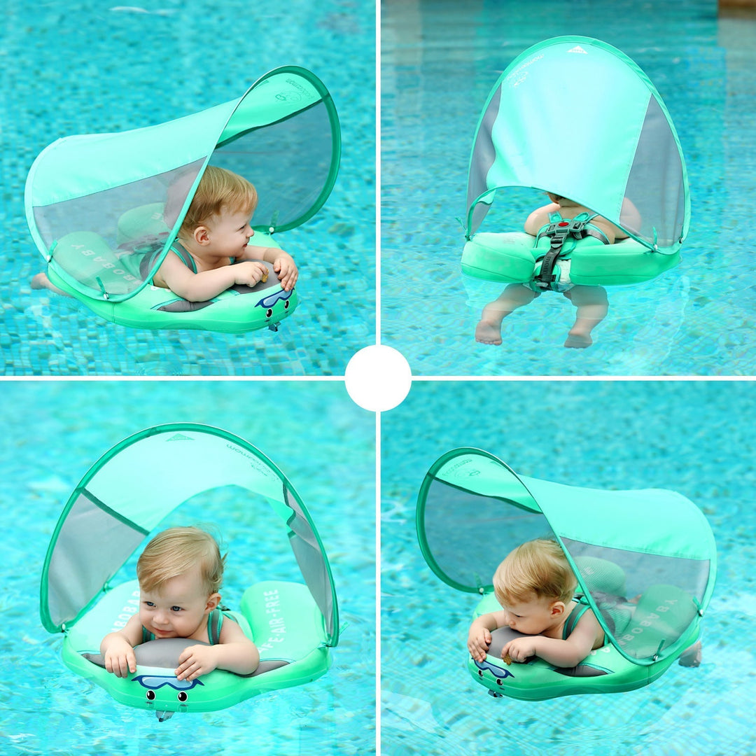 "Verstelbare baby zwemtrainer met 360° bescherming, felgekleurd voor 3-24 maand baby's, veilig en comfortabel in water."