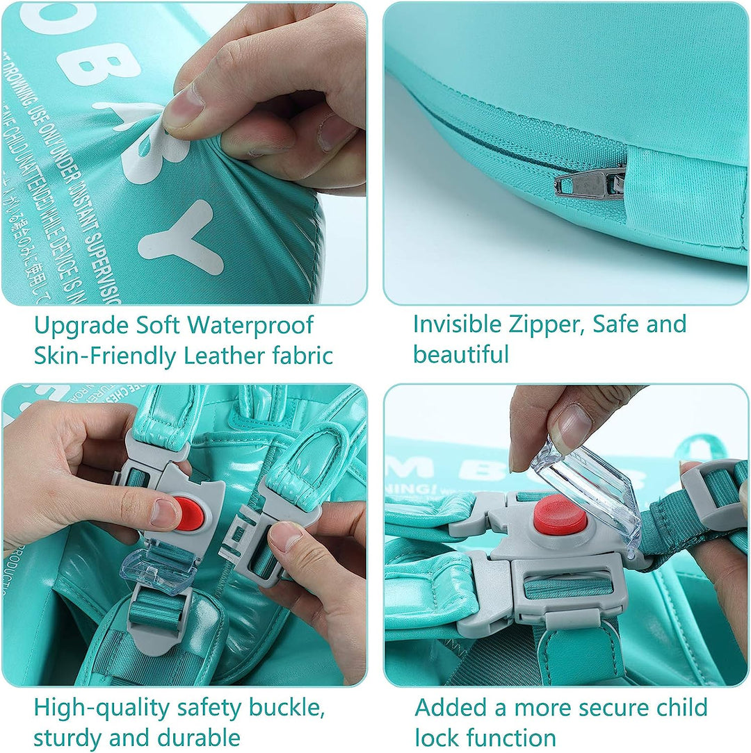 "Verstelbare baby zwemtrainer met 360° bescherming, felgekleurd voor 3-24 maand baby's, veilig en comfortabel in water."