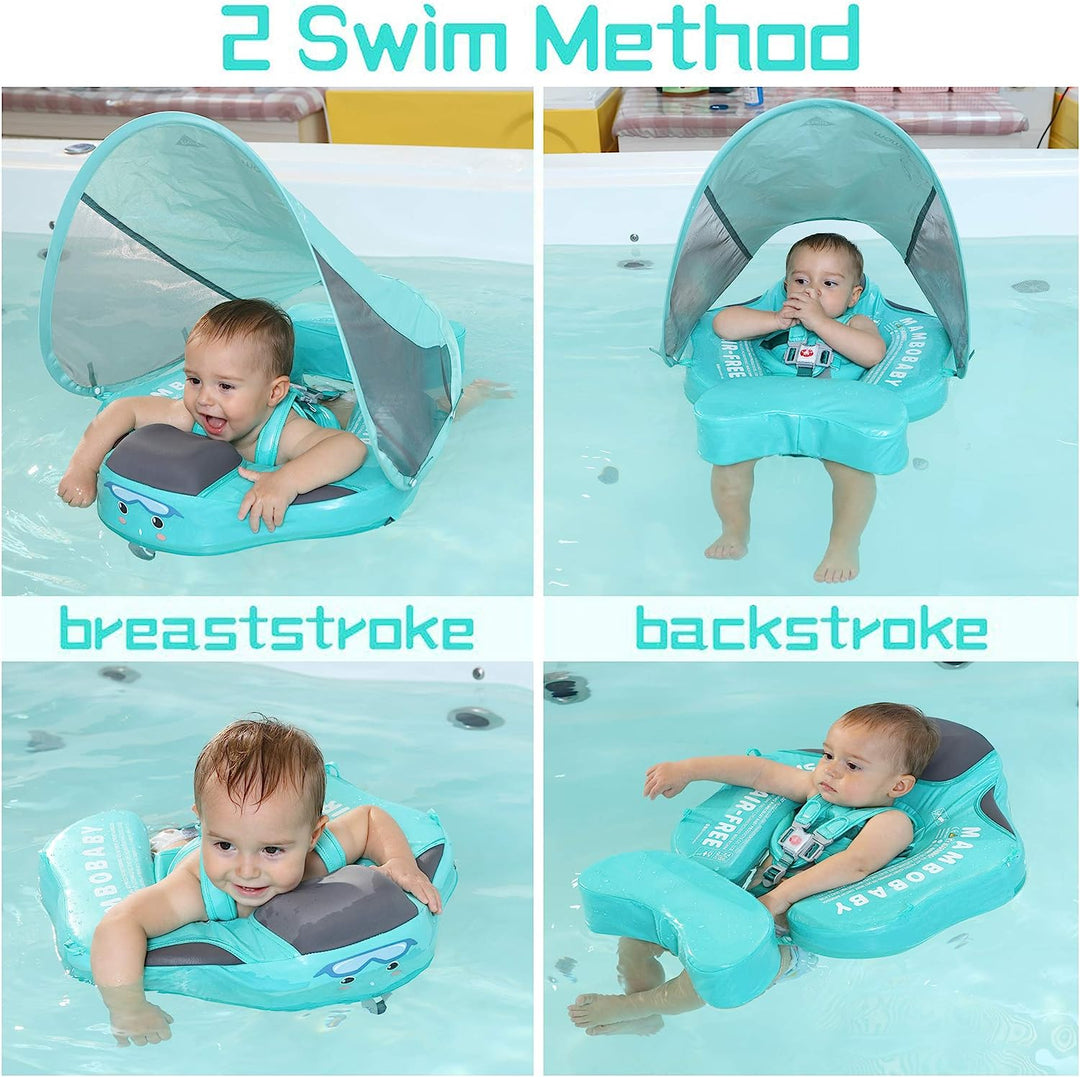 "Verstelbare baby zwemtrainer met 360° bescherming, felgekleurd voor 3-24 maand baby's, veilig en comfortabel in water."