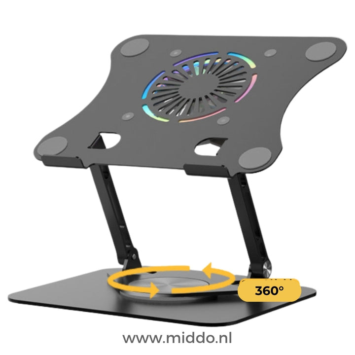 "Verstelbare ergonomische aluminium laptop- en tabletstandaard met modern design voor stijlvol en comfortabel gebruik."