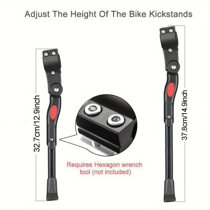 Fiets met gemonteerde verstelbare zijkickstand, klaar voor stabiel parkeren. Essentieel aluminium fietsaccessoire.