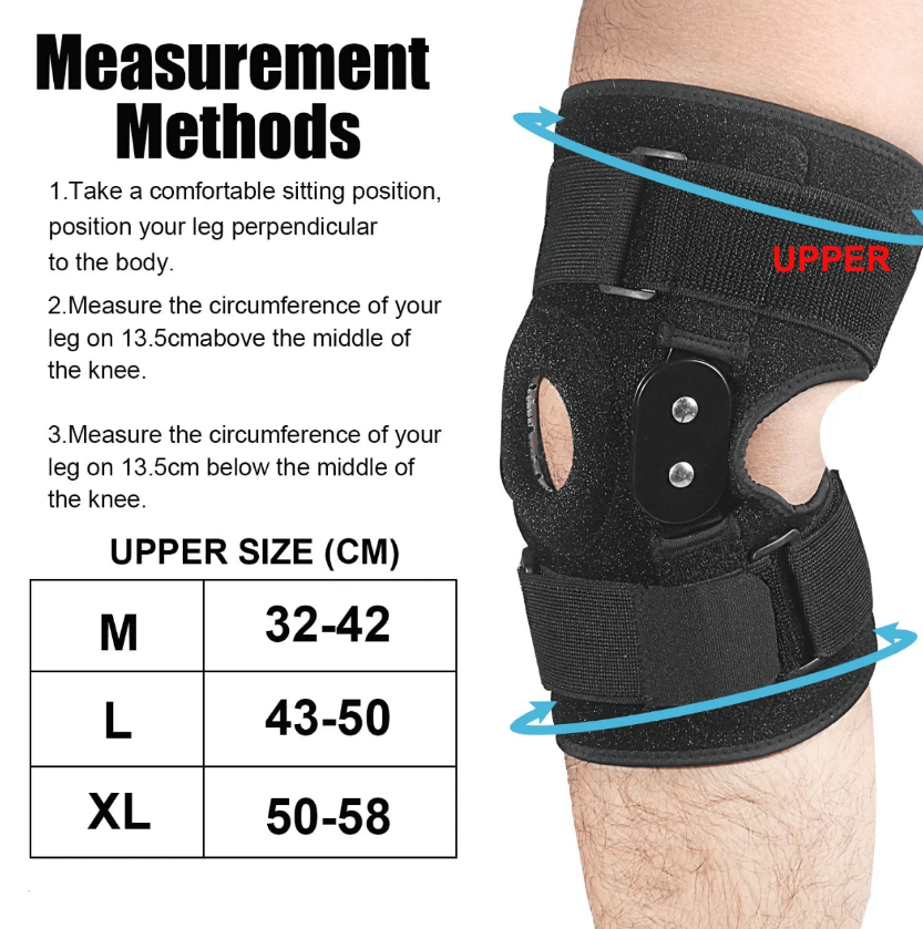"Verstelbare kniebrace met scharnieren; ademend sportontwerp voor optimale knieondersteuning en comfort."