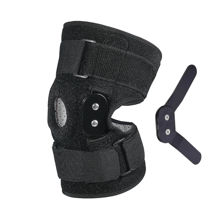 "Verstelbare kniebrace met scharnieren; ademend sportontwerp voor optimale knieondersteuning en comfort."