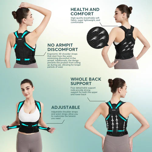"Verstelbare rugbrace met ademend materiaal voor houdingscorrectie. Zwart, comfortabel en onzichtbaar onder kleding."